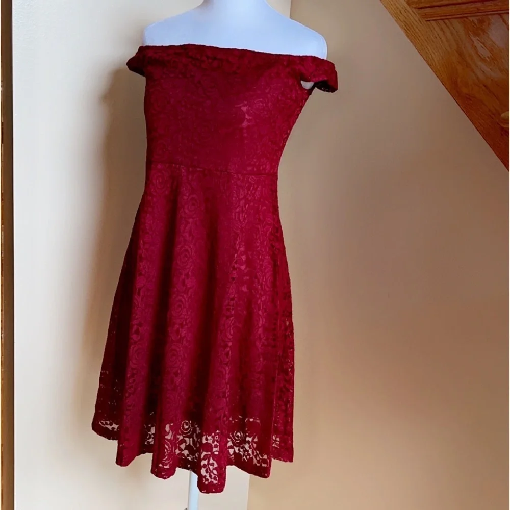 Women’s Dress Size Small Red Lace Off Shoulder A Line Swing Cocktail Party Dress - Picture 3 of 8